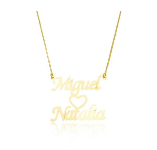 Gargantilha Personalizada Dois nomes e Coração ao Meio Banho ouro