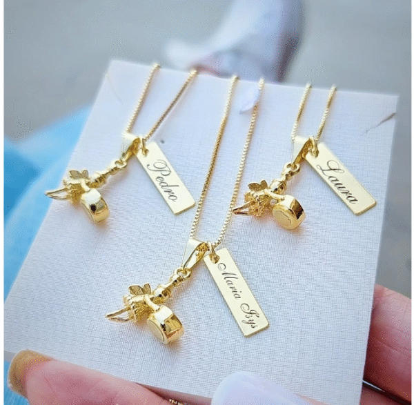 Gargantilha Personalizada Fada Do Dente Plaquinha Nome Banho ouro