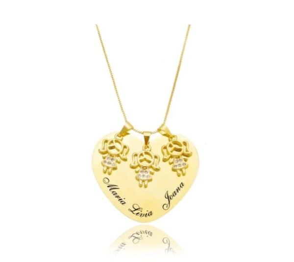 Gargantilha Personalizada Mandala Coração 3 Bonecos Cravejado Zirconias banho ouro