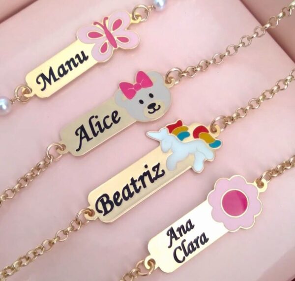 Pulseira Infantil Personalizada Gravação do Nome Banho ouro