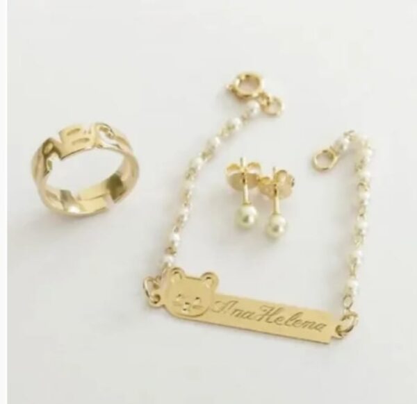 Conjunto Infantil Personalizada Pulseira+ Brinco+ Anel ABC  Banho ouro