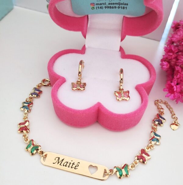 Conjunto Infantil Personalizada Chapinha Coração Vazado Elos Borboletas Coloridas Banho ouro