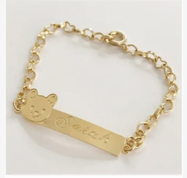 Pulseira Infantil Personalizada  ursinho Elos corações Banho ouro