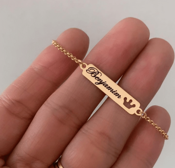 Pulseira Infantil Personalizada Gravação Do Nome Coroa vazada Banho ouro