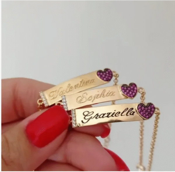 Pulseira Infantil Personalizada Coração Zircônias Rubi Banho Ouro - Imagem 4