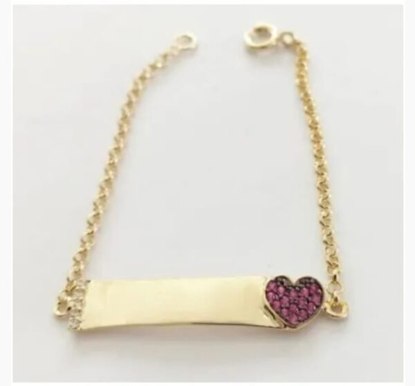 Pulseira Infantil Personalizada Coração Zircônias Rubi Banho Ouro