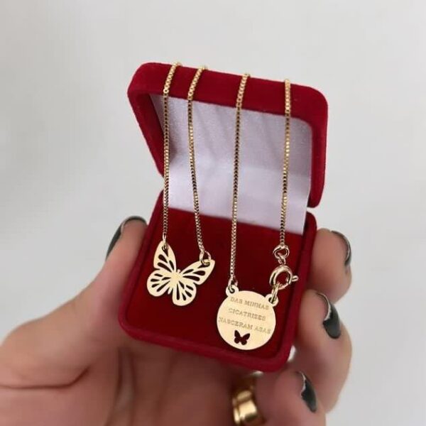 Escapulário Borboleta Personalizado Frase Banho ouro