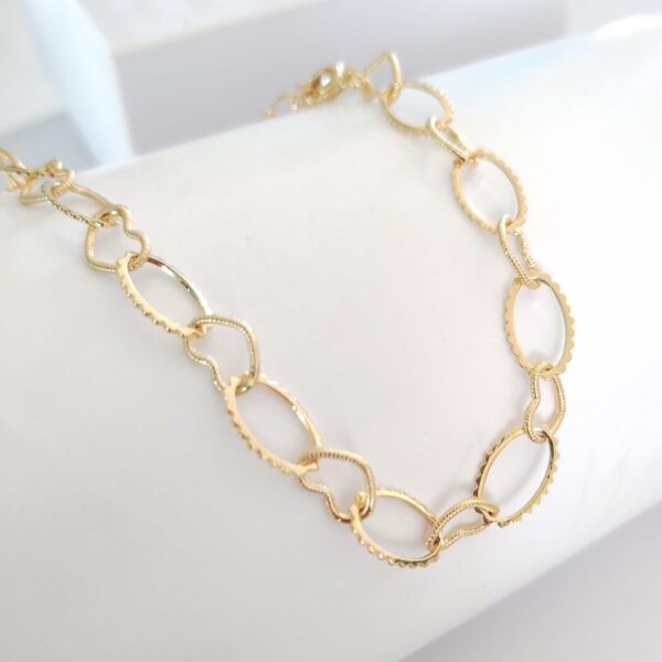 Pulseira Elos oval Elos corações Banho ouro - Imagem 2