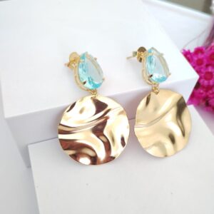 Brinco Gota Aquamarine Redondo Martelado Banho ouro