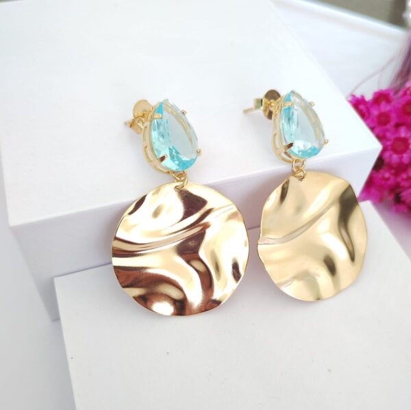 Brinco Gota Aquamarine Redondo Martelado Banho ouro