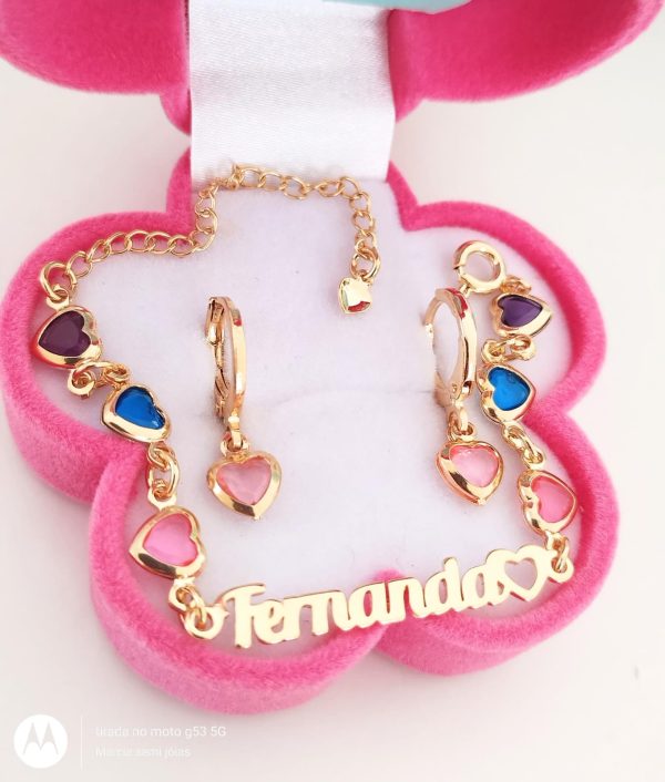 Pulseira infantil Personalizada Nome + Brinco Argolinha Coração Infantil