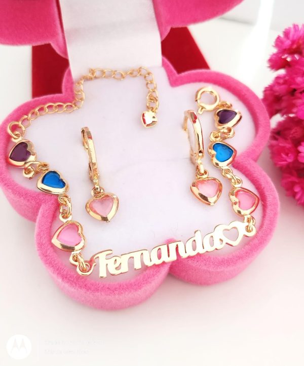 Pulseira infantil Personalizada Nome + Brinco Argolinha Coração Infantil - Imagem 2