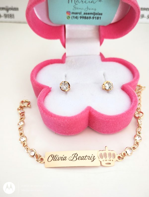 Conjunto Infantil Personalizado Pulseira coroa em Ponto De Luz + Brinco - Imagem 2