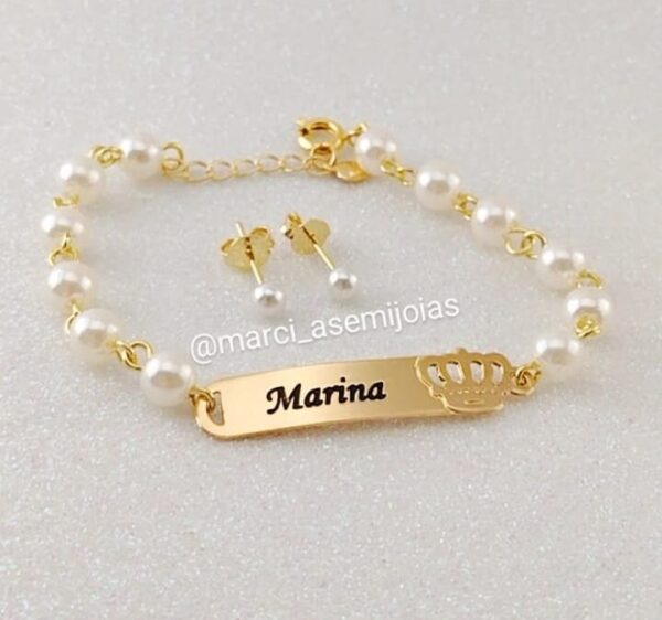 Conjunto Infantil Personalizado Em Perolas Coroa Banho ouro 18k - Imagem 2