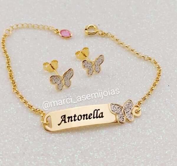 Conjunto Infantil Personalizado Borboleta Rhodium Banho Ouro