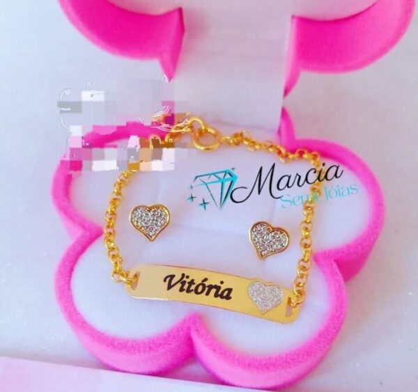 Pulseira infantil Personalizada Coração Rhodium+ Brinco Coração Banho ouro