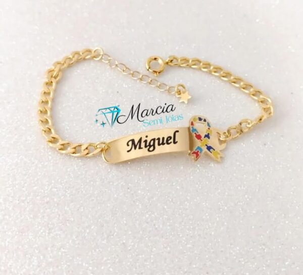 Pulseira Infantil Personalizada Autismo Menino ou Menina Banho de ouro