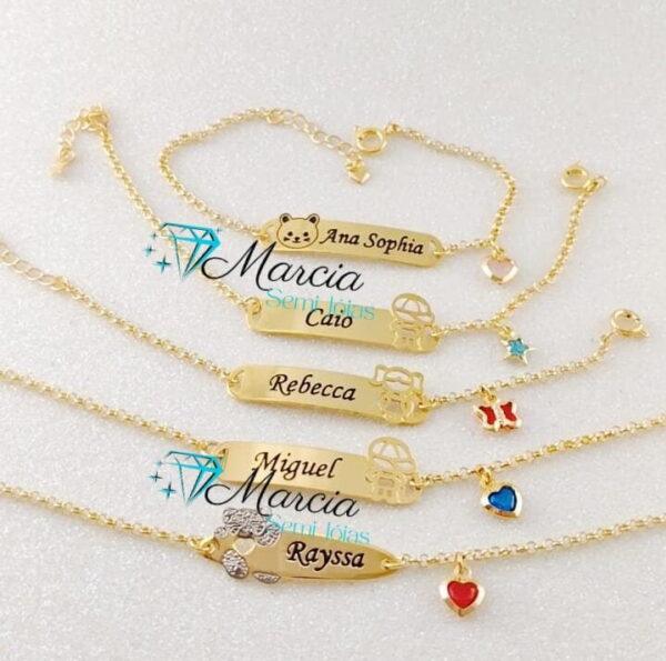 Pulseira infantil Personalizada Menino ou Menina Pingente Nome Banho de ouro