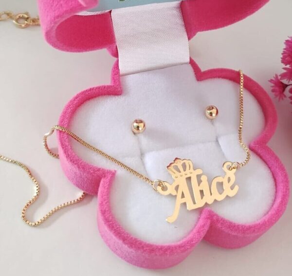 Conjunto Infantil Personalizado Colar nome e Coroa +Brinco Em Bolinha