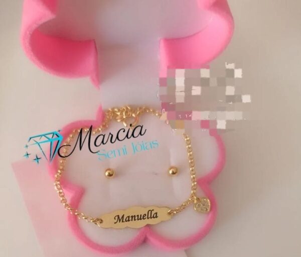 Pulseira infantil Personalizada Nome Pingente Coração+ Brinco Bolinha Banho De ouro