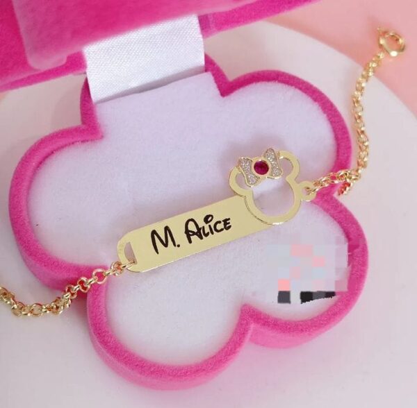 Pulseira Infantil Personalizada Minnie Com Ponto De Luz Nome Banho De Ouro