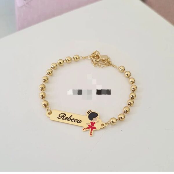 Pulseira infantil Personalizada Em Bolinhas Bailarina Banho de Ouro 18k