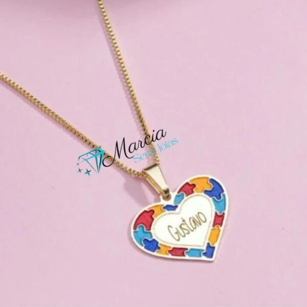Gargantilha Personalizada Coração Autismo Nome Banho ouro 18k