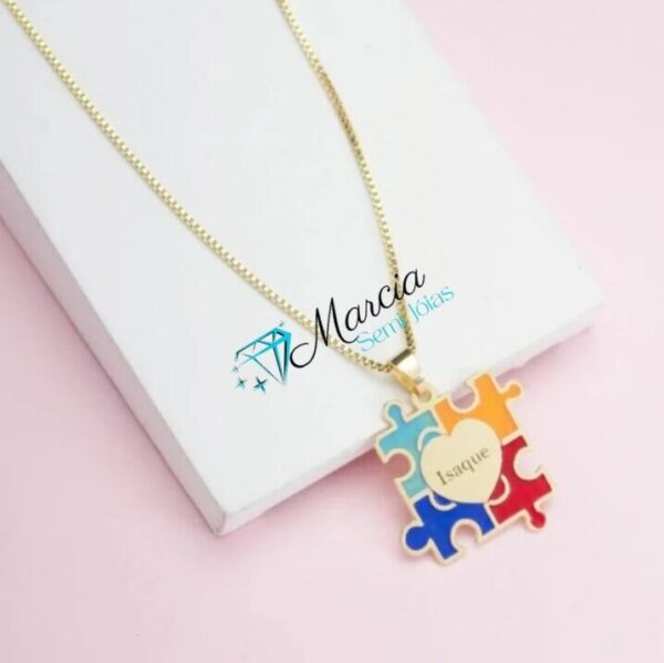 Gargantilha Personalizada Quebra Cabeça Autismo Nome Banho De Ouro