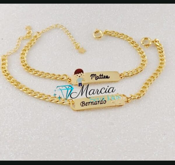 Pulseira Infantil Personalizada Menino Gravação Do Nome Banho De Ouro