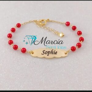 Pulseira Infantil Personalizada Pérolas Vermelhas Chapinha Nuvem Banho De Ouro
