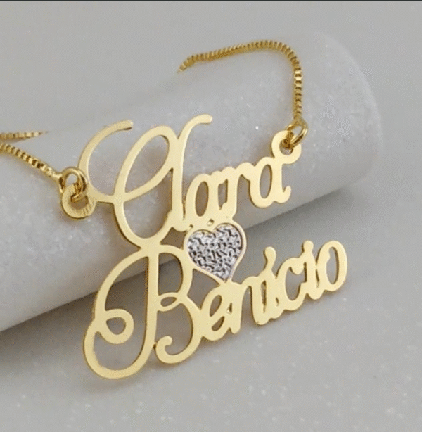 Gargantilha Personalizada 2 Nomes Coração Rhodium Banho ouro