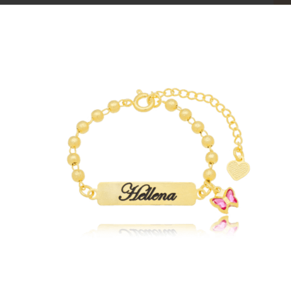 Pulseira Infantil Personalizada em Bolinhas Pingente Borboleta+ Argolinha Borboleta