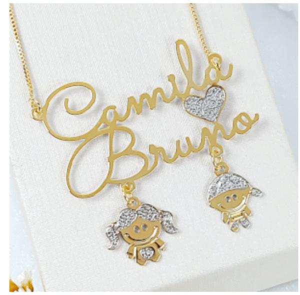 Gargantilha Personalizada Nomes Coração Rhodium 2 Bonecos