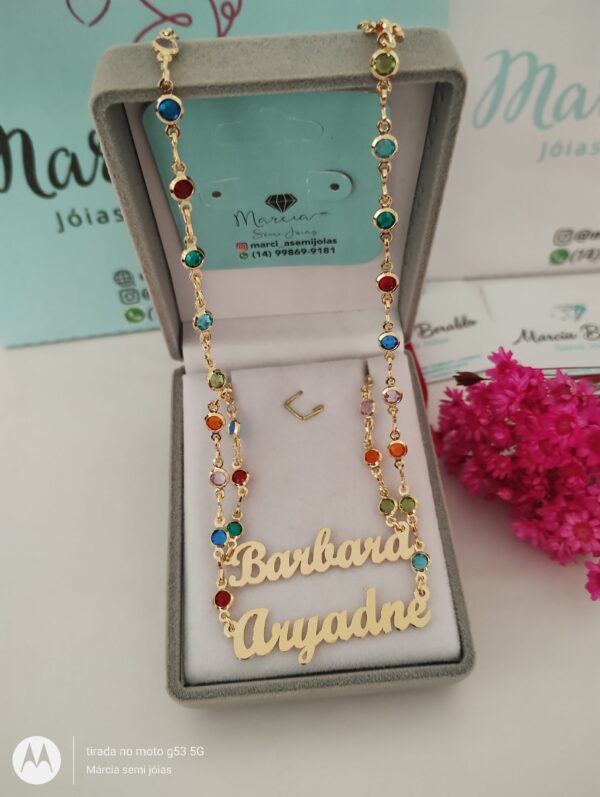 Gargantilha Personalizada Elos Ponto de Luz Coloridas Nome Banho ouro 18k - Imagem 3