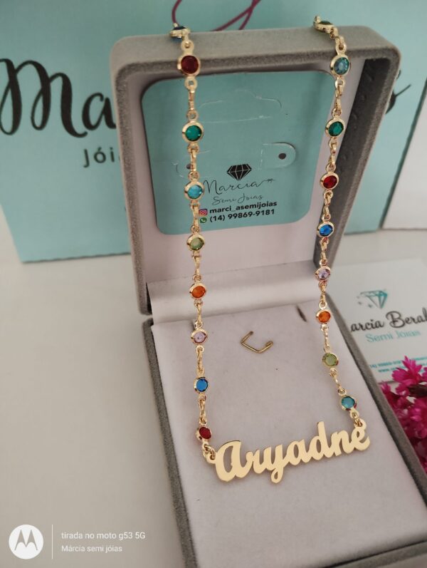Gargantilha Personalizada Elos Ponto de Luz Coloridas Nome Banho ouro 18k - Imagem 2