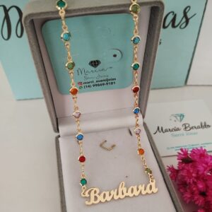 Gargantilha Personalizada Elos Ponto de Luz Coloridas Nome Banho ouro 18k