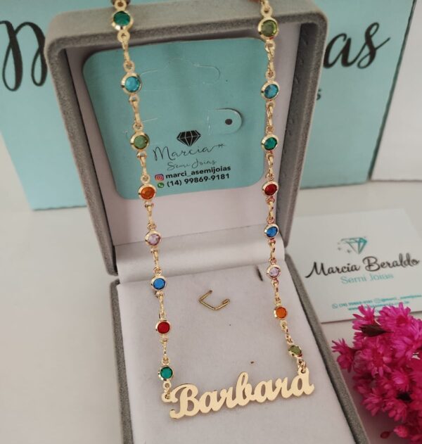 Gargantilha Personalizada Elos Ponto de Luz Coloridas Nome Banho ouro 18k