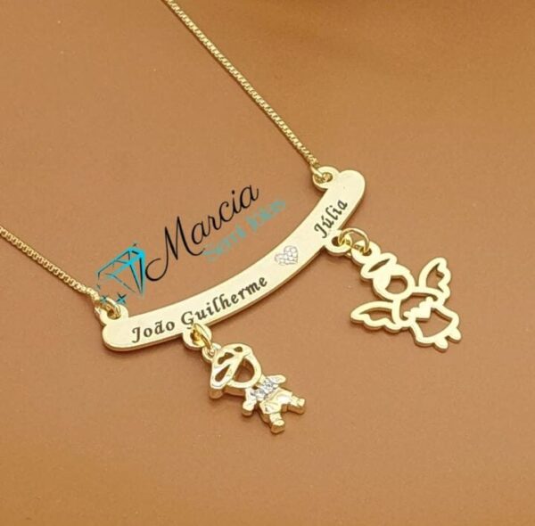 Gargantilha Personalizada Canquinha boneco (a) e Pingente Anjo banho ouro 18k
