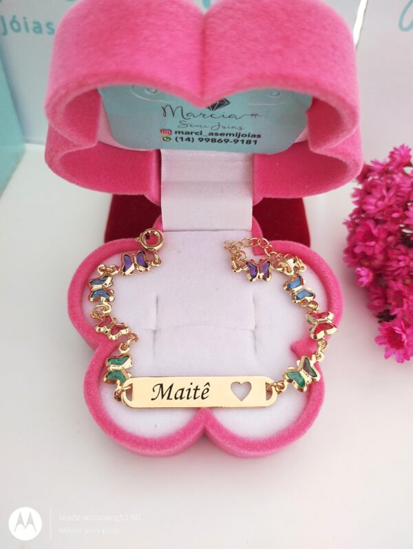 Pulseira infantil Personalizada Borboletas coloridas Banho ouro 18k - Imagem 2