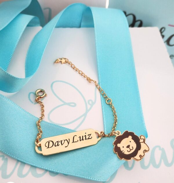 Pulseira infantil personalizada Nome Pingente Leãozinho Banho ouro