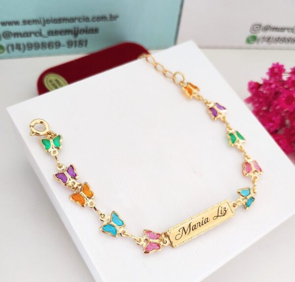 Kit infantil personalizada Colar inicial cravejado zircônias+ argolinha Infantil inicial+ pulseira borboletas Nome Banho ouro - Imagem 3