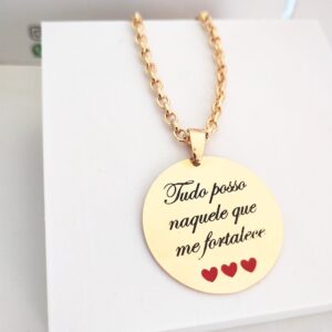 Gargantilha Personalizada mandala Tudo Posso Naquele Que Me fortalece Elos Português 4mm Banho ouro