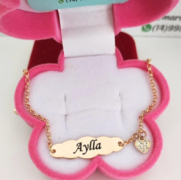 Pulseira infantil Personalizada Nuvem Gravação Do Nome e pingente Coração Cravejado zircônias Banho ouro 18k
