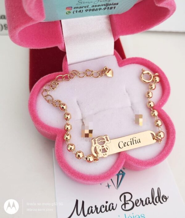 Pulseira Infantil Bolinhas Personalizada Menina Vazada Gravação Do Nome Banho ouro