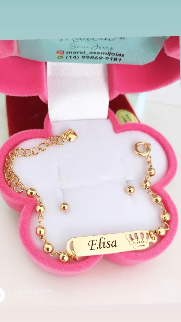Conjunto  Bolinhas Recém Nascido e Infantil Coroa Nome Banho ouro 18k