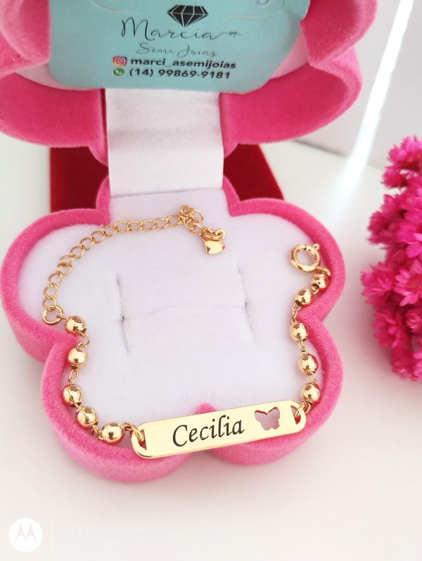 Pulseira Recém Nascido e infantil borboleta vazada Nome banho ouro 18k