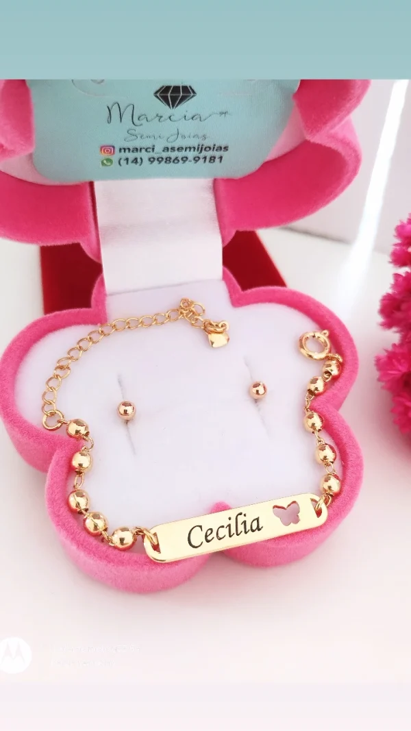 Conjunto Recém Nascido e Infantil Bolinhas Borboleta vazada Gravação Do Nome Banho ouro 18k