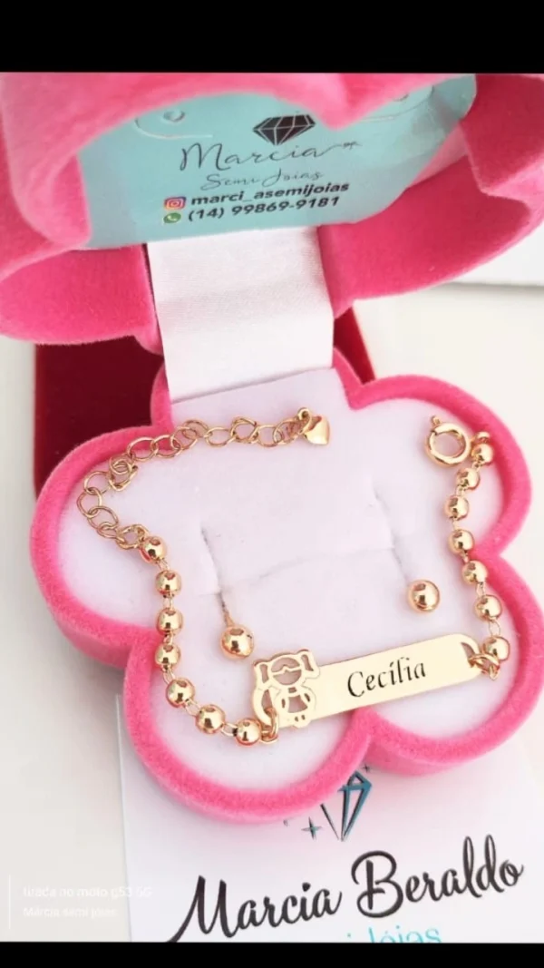 Conjunto Infantil Personalizada Bolinhas Menina Vazada Nome e Brinco Bolinha Banho ouro 18k