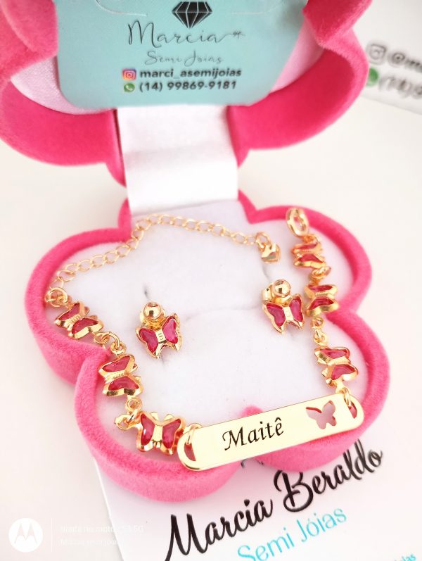 Conjunto Recém Nascido e Infantil Borboletas Rosa e Brinco Bolinha Borboleta Banho ouro 18k