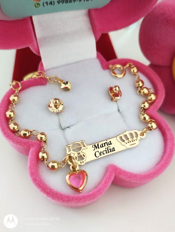 Conjunto recém nascido e infantil em bolinhas Menina e Coroa Com pingente Coração Banho ouro 18k